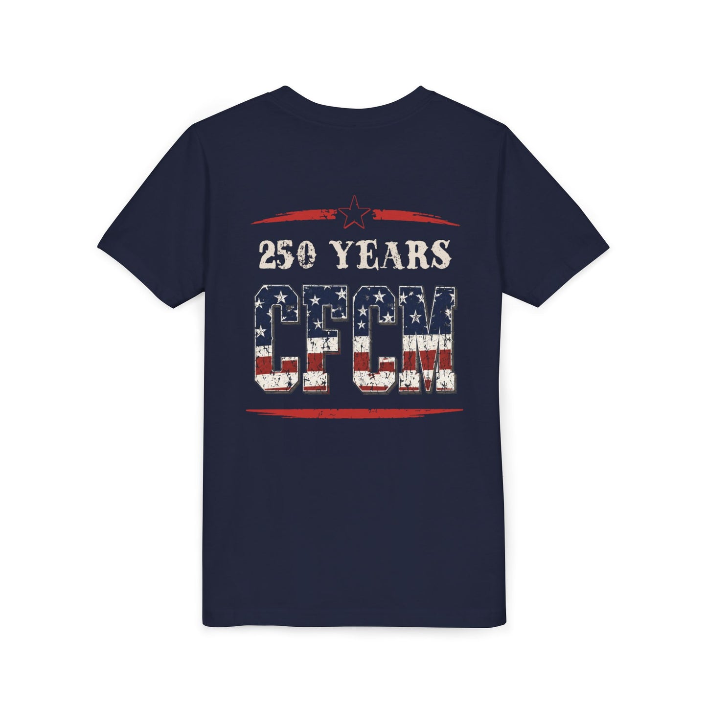 Youth Tee — 250 Years CFCM Patriotic Kids T‑Shirt (American Flag Distressed)