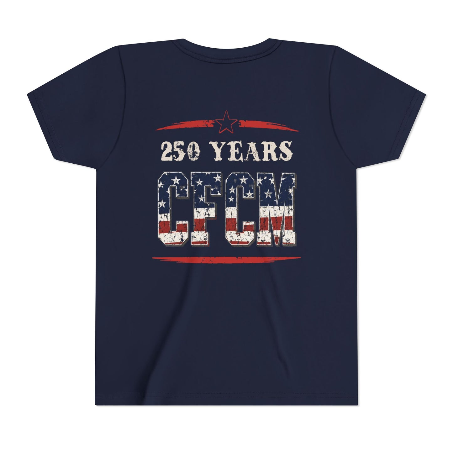 Youth Tee — 250 Years CFCM Patriotic Kids T‑Shirt (American Flag Distressed)