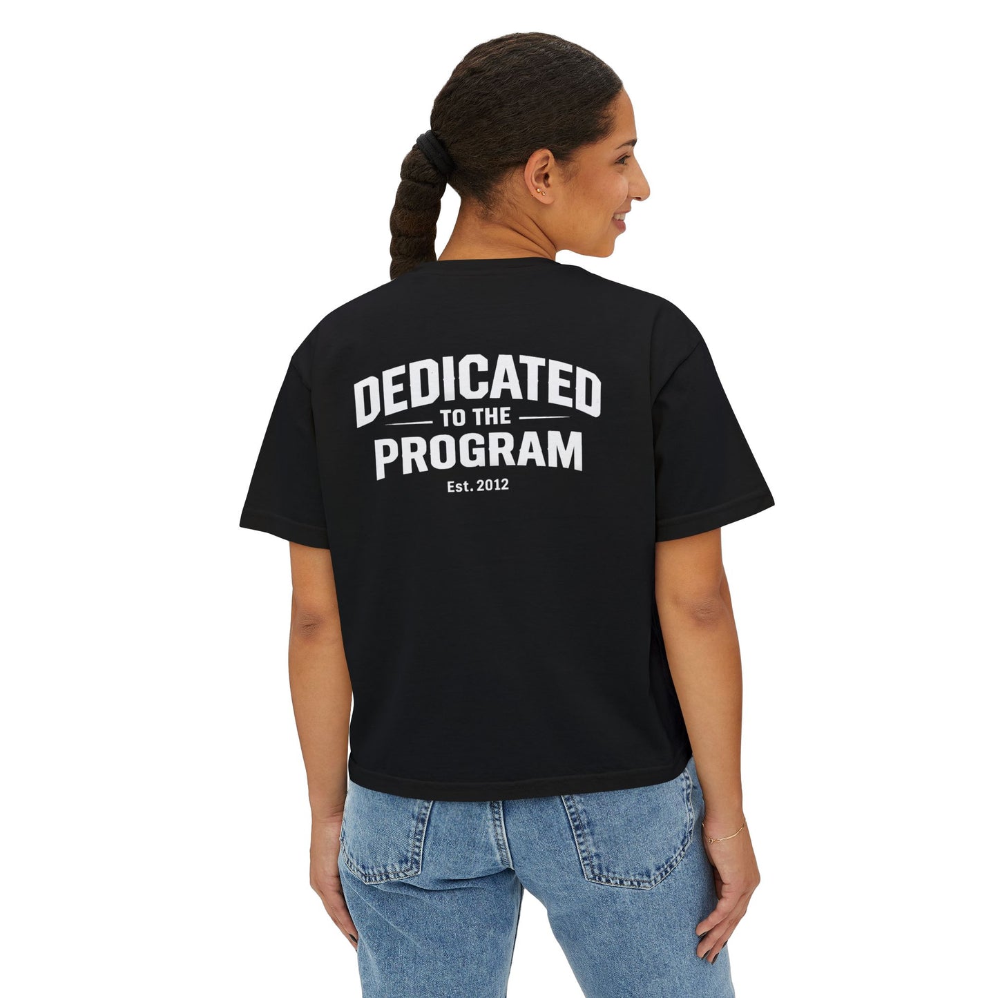 Women's Boxy Dedicated To The Program Tee — 'DTTP' Minimal Front & Big Back Athletic Crewneck